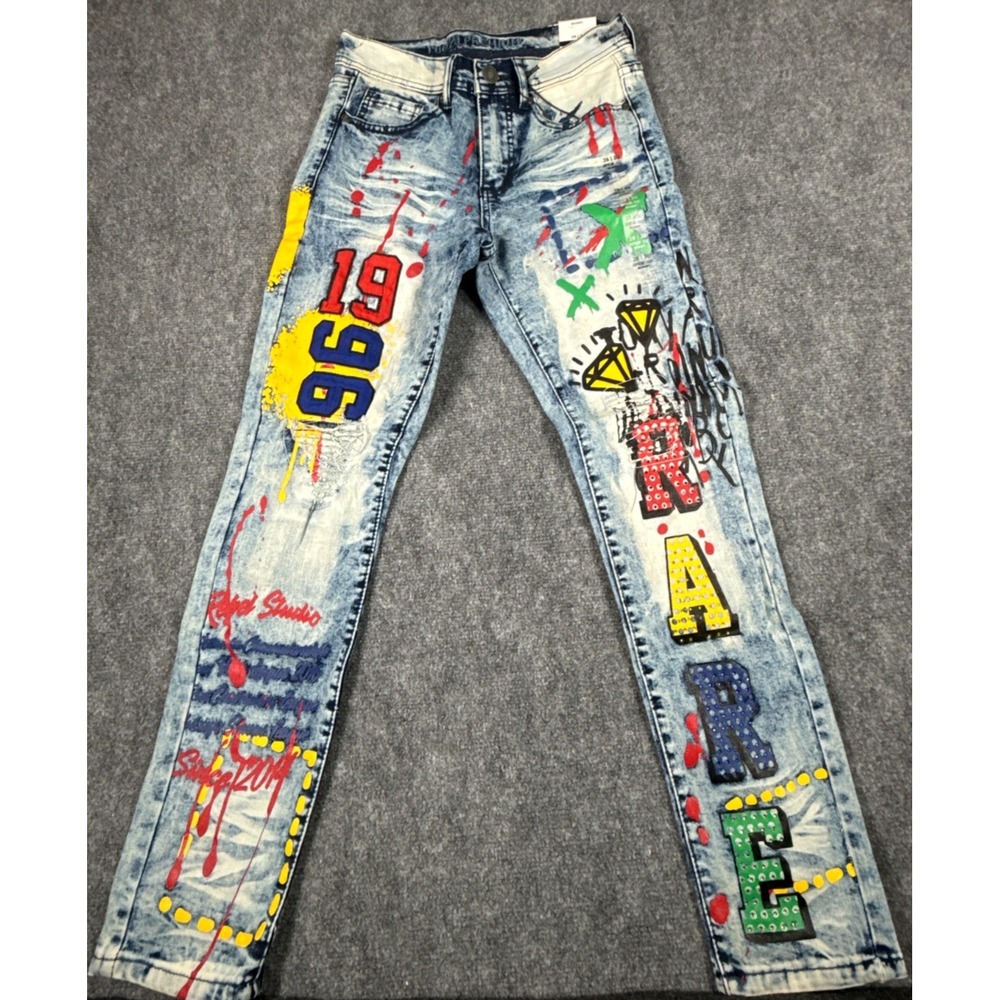 Rue21 Men's Graphic Jeans 28x30 Blue Paint Splatter Distressed Skinny Flex NWT